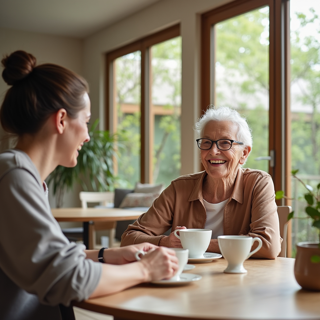 Smiling caregiver assisting elderly woman at home