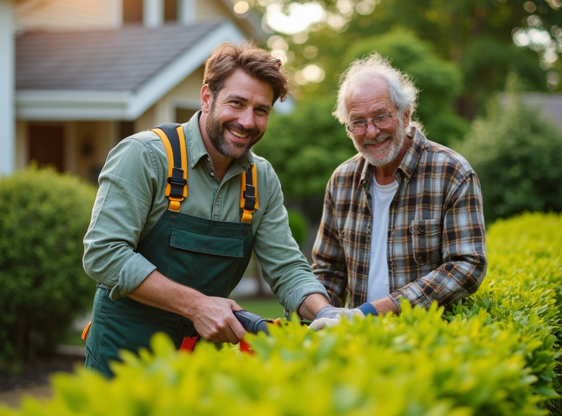Gardener trimming hedges for elderly homeowner