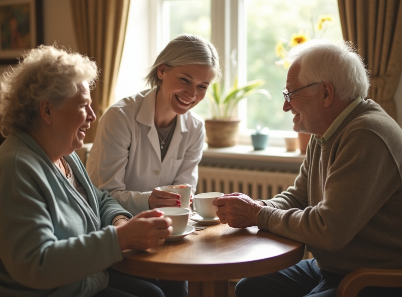 Caregiver enjoying tea with elderly clients