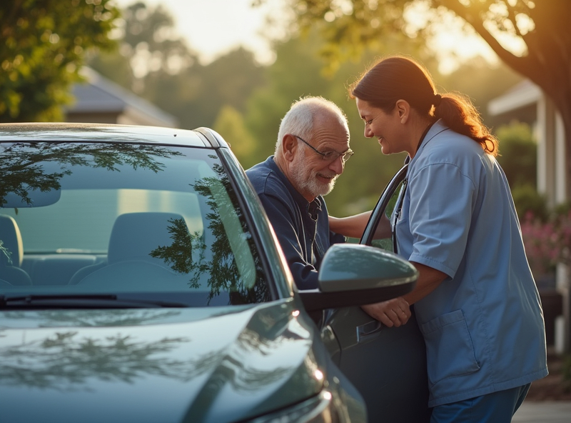 Caregiver helping client into a vehicle